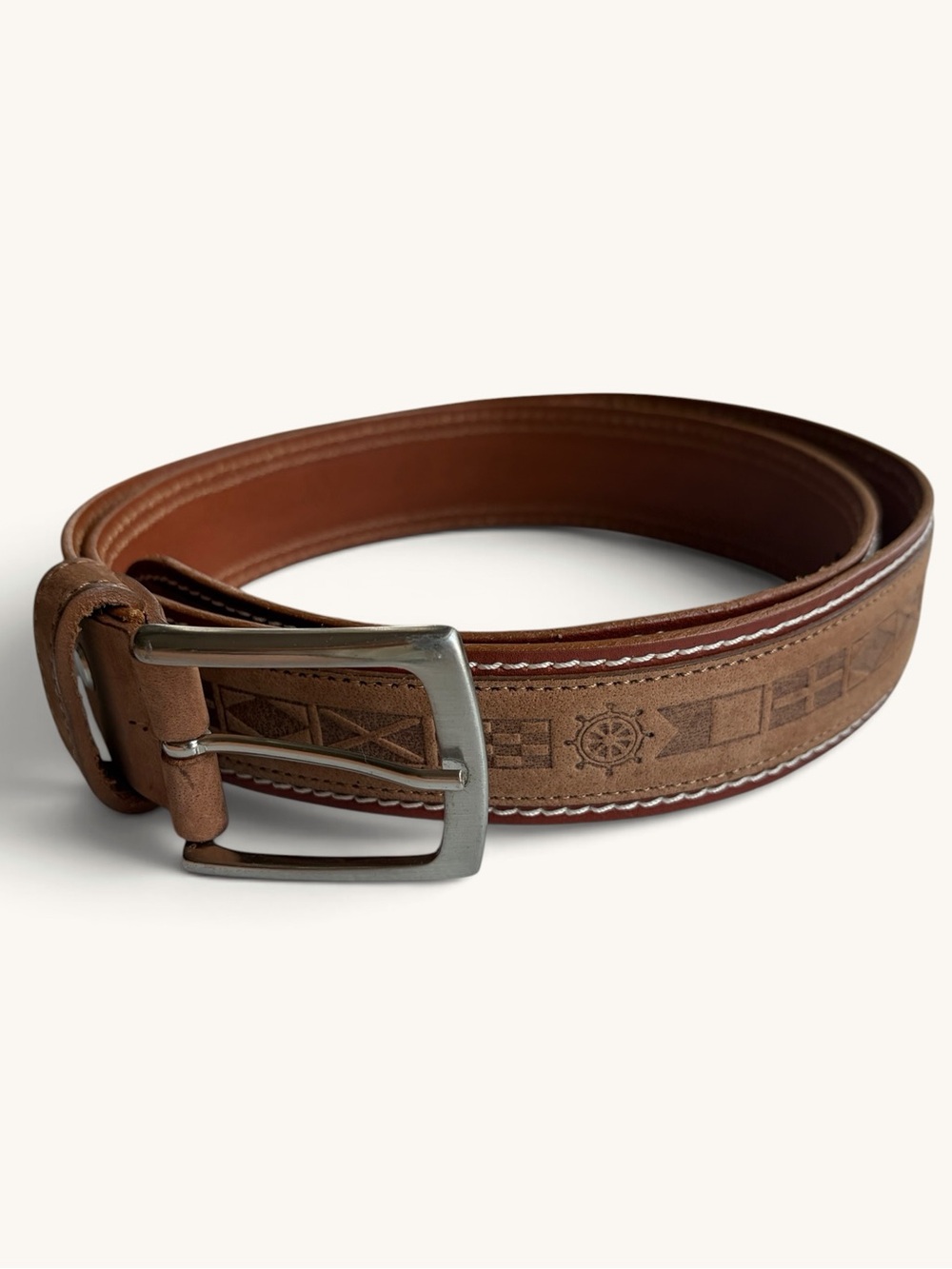 Men's Brown Embossed Leather Belt with Metal Buckle